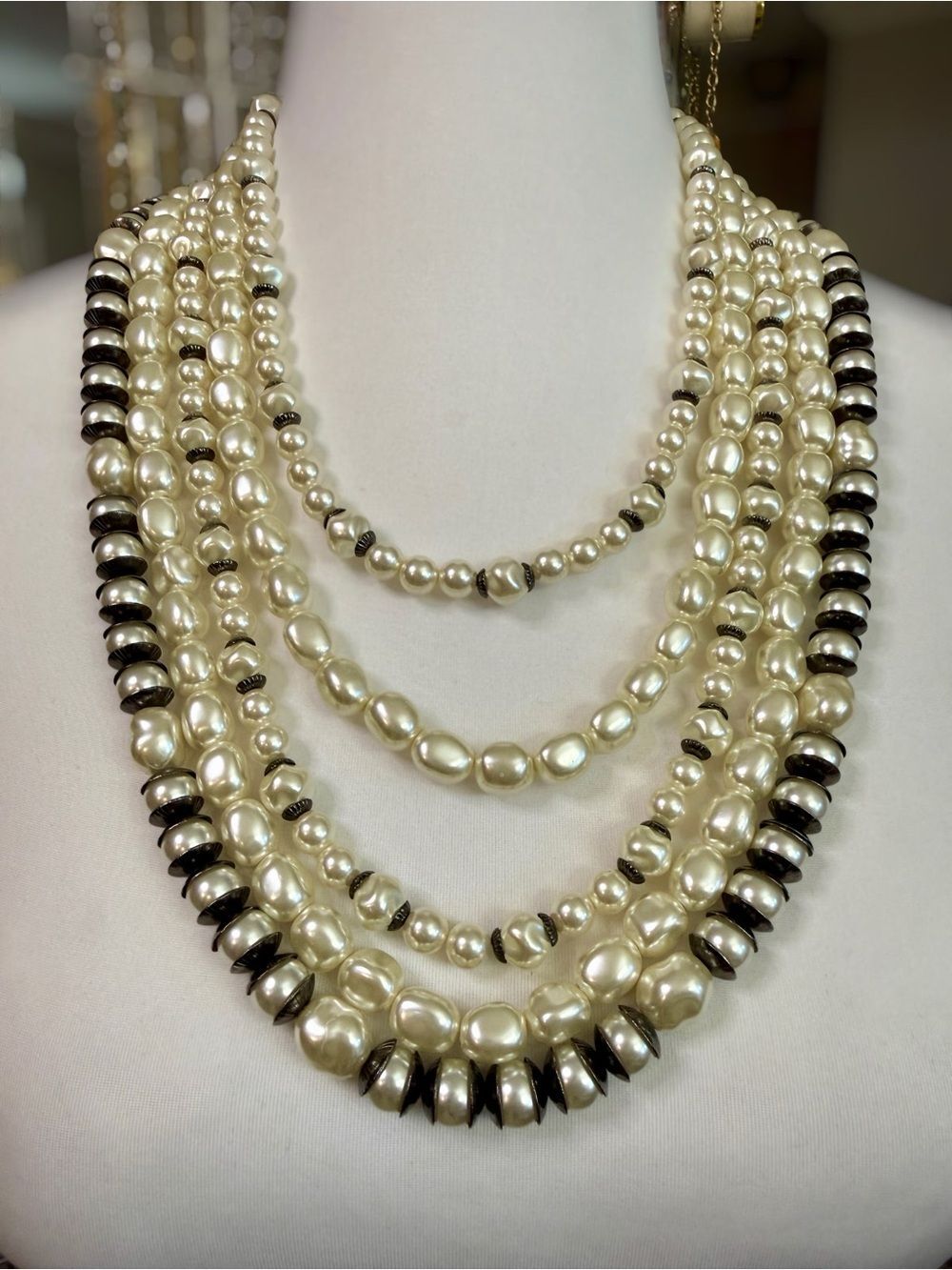 Vintage Chico's Dark Silver Tone 5-Strand Baroque Faux Pearl Statement Necklace